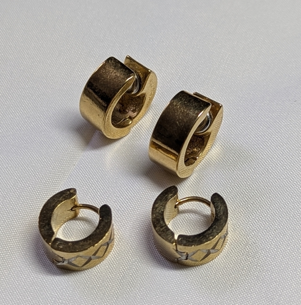 Set Of (3) Huggie Goldtone Hoop Earrings - Picture 3 of 9